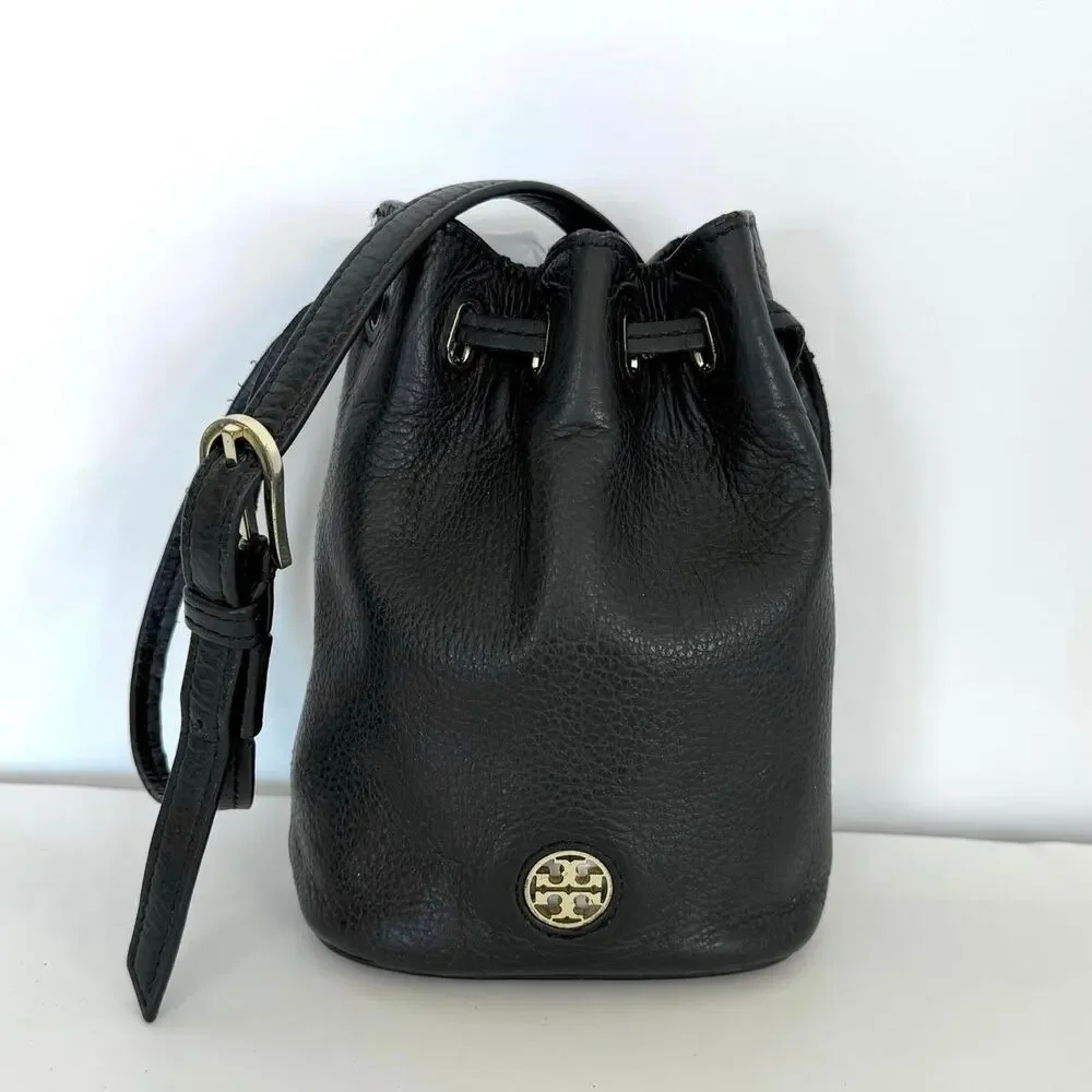 Tory Burch Mini Drawstring Mini Bucket Bag Crossbody Black Leather READ